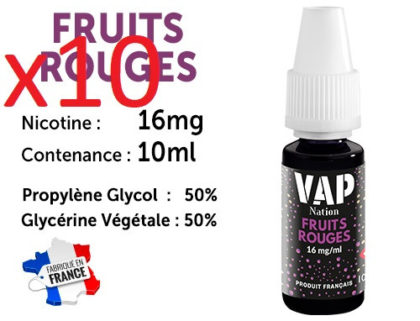 10 flacons e-liquides Vap nation fraise 16mg/ml de nicotine