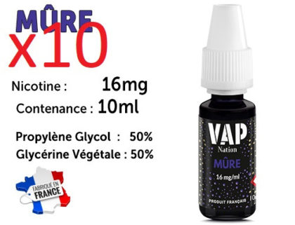 10 flacons e-liquides Vap nation mûre 16mg/ml de nicotine